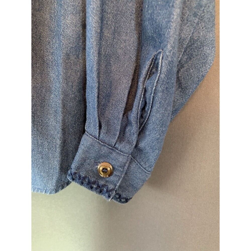 Vtg Koret Crochet Granny Square Blue Denim Button Up Shirt Size PS Boho Cottage - Picture 6 of 15